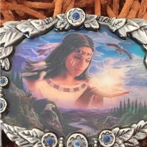 Belt Buckle Eagle and Indian Princess Scenic Background